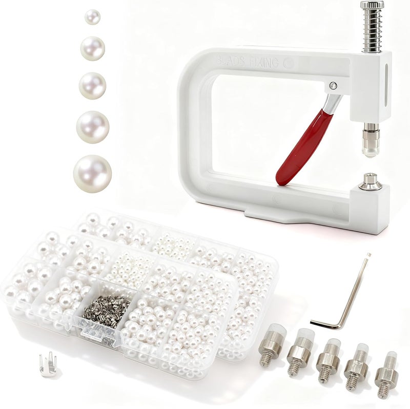 AILUHONG Pearl Setting Machine Hand Press Tools 2 Boxes White No Holes Pearl Beads with Rivet Studs Screw Heads L Hexagon Wrench for Decorating Clothes Hat Trousers Dresses Bag Hair Band DIY Crafts (White) - Image 1